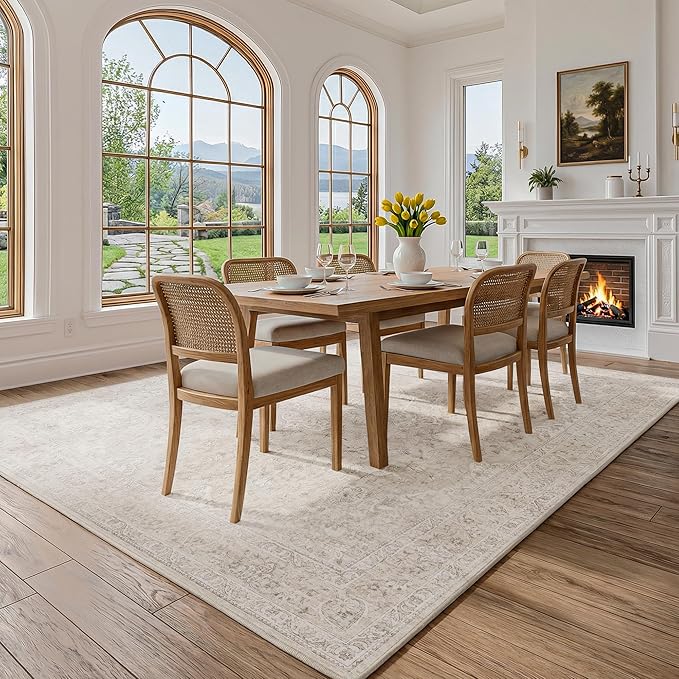 FMFUNCTEX 9x12 Washable Area Rug Neutral Beige Vintage Distressed Oriental Non Slip Low Pile Floral Rug for Living Room Bedroom Cream Traditional Soft Thin Retro Indoor Carpet for Dining Room Office