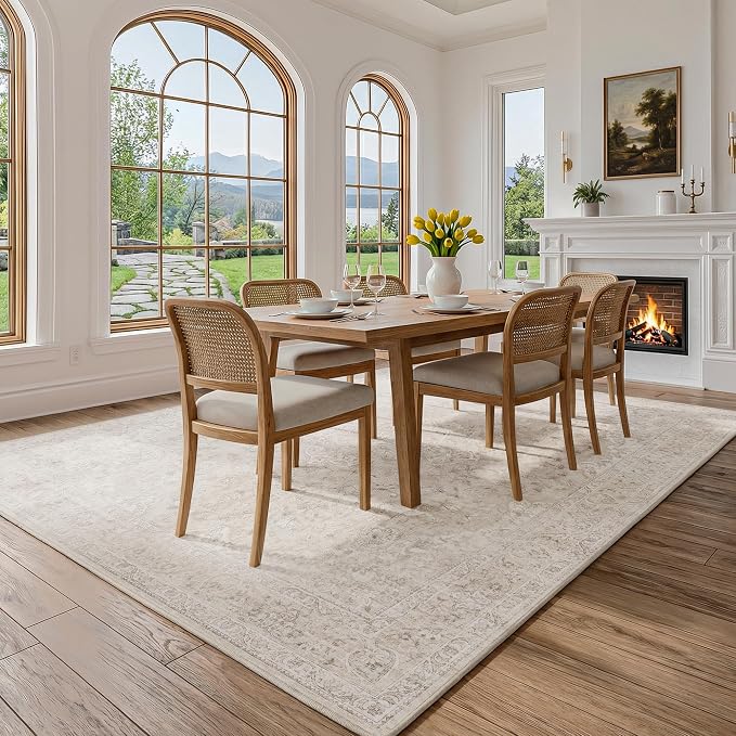 FMFUNCTEX 6x9 Washable Area Rug Neutral Beige Vintage Distressed Oriental Non Slip Low Pile Floral Rug for Living Room Bedroom Cream Traditional Soft Thin Retro Indoor Carpet for Dining Room Office