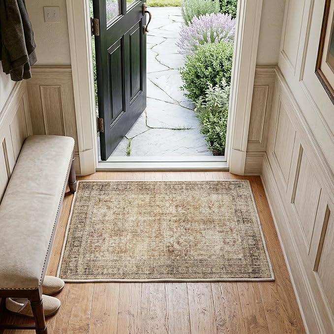 FMFUNCTEX Entryway Rug 2x3 Brown Washable Neutral Vintage Distressed Oriental Door Mat Non Slip Low Pile Indoor Carpet Soft Retro Small Throw Area Rugs for Entry Entrance Bedroom Kitchen Bathroom