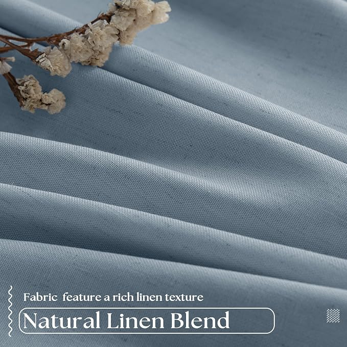 Dusty Blue Pinch Pleat 100% Blackout Linen Curtains 2 Layers 45 Inch Long | Memory Trained, Thermal Insulated, UV Blocking, Noise Reducing, Room Darkening, Black Out Short Curtains for Kitchen 2 Panels
