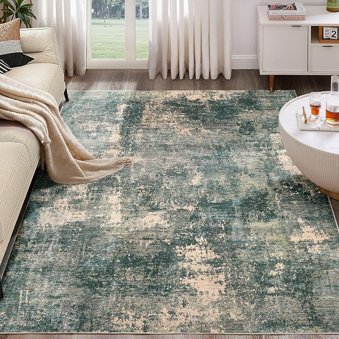 Abstract 5x7 Area Rug: Machine Washable Non Slip Ultra Thin Low-Pile Carpet, Soft Stain Resistant for Living Room Bedroom Nursery, Kid Pet Friendly, Robot Vacuum Compatible - Dark Green/Beige