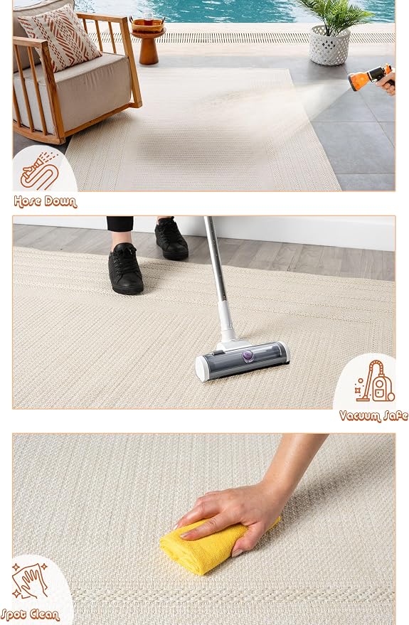 Berry Easy Jute Indoor Outdoor Rug, 8x10 Neutral Bordered Jute Look, Weather Resistant, Easy Care, Lightweight Outdoor Farmhouse Carpet for Patio, Porch, Living Room (8' x 10', Ivory)