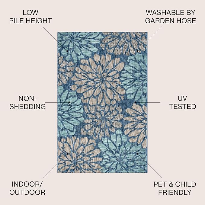 JONATHAN Y Floral Textured Weave Indoor Outdoor Square Area Rug 4X4 Navy/Aqua, Zinnia Modern for Backyard, Patio, Porch, Easy-Cleaning, High Traffic, Pet-Friendly, Non-Shedding (SMB110C-4SQ)