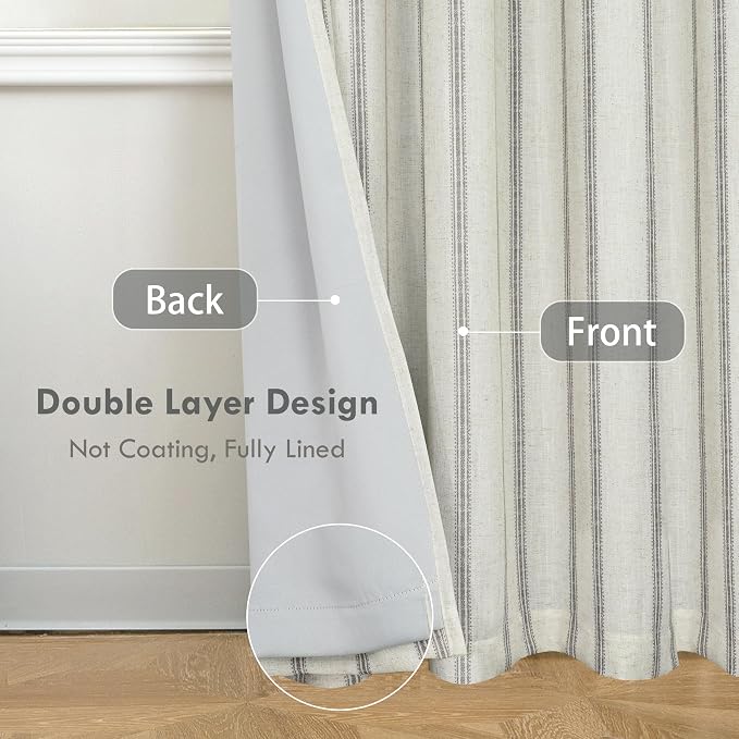 DriftAway Farmhouse Stripe Blackout Curtains, W52xL96, Gray | Blackout, Linen Texture, Stripe Pattern, Rod Pocket & Back Tab, Two Layers, Bedroom Living Room Use, Sound Reducing Design