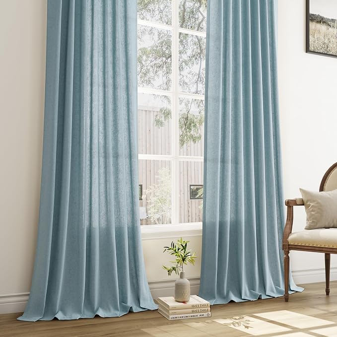 Dusty Blue Pinch Pleated Linen Curtains 84 Inch Length 2 Panels for Living Room Bedroom Light Filtering Semi Sheer Stone Slate Blue Window Curtain Boho Modern Pinch Pleat Drape Hooks 84 Inches Long