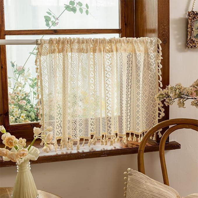 Sutuo Home Beige Boho Short Curtains for Kitchen Window Curtains Over Sink,Sheer Lace Crochet Bohemian Valance Privacy Vintage Chic Tassels Rustic Small Window Decor Rod Pocket,2 Panels 50" W x 18" L