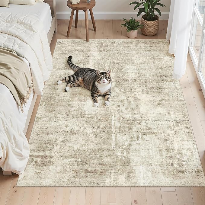 Soalmost 3x5 Rug, Small Area Rug for Kitchen, Entryway, Machine Washable Non-Slip Throw Rug, Vintage Carpet for Nursery Coffee Table Beige/Gray