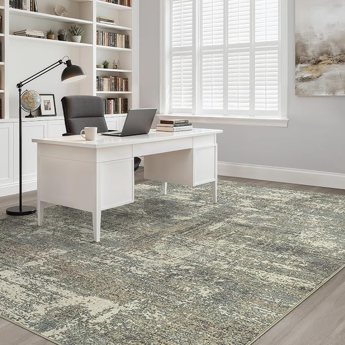 9x12 Area Rug Living Room: Washable Large Neutral Rug Abstract Soft Modern Stain Resistant Indoor Floor Non-Slip Carpet for Bedroom Nursery Kids Office Playroom Dining Room- Green Brown