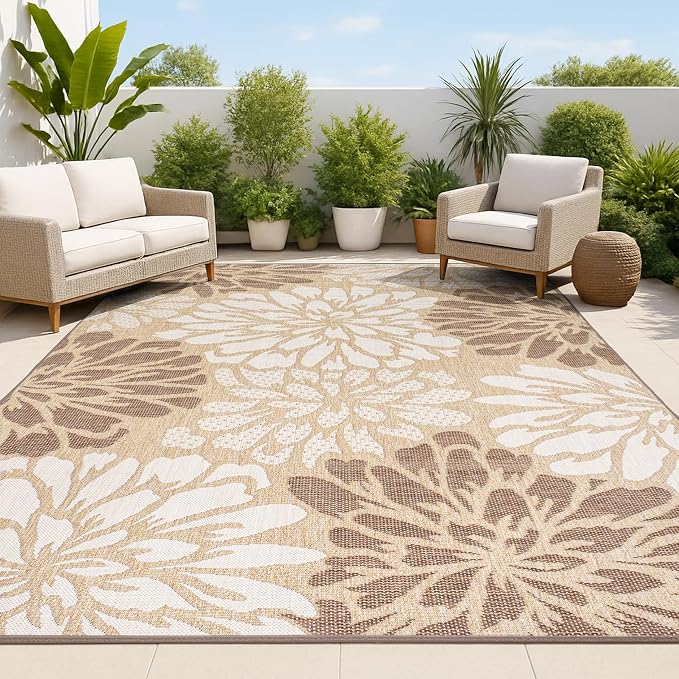 JONATHAN Y Floral Textured Weave Indoor Outdoor Area Rug 9X12 Brown/Cream, Zinnia Modern for Backyard, Patio, Porch, Easy-Cleaning, High Traffic, Pet-Friendly, Non-Shedding (SMB110I-9)