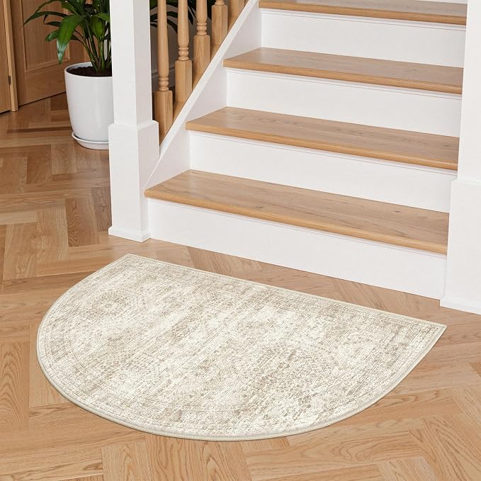 2x3 Half Circle Rug, Small Washable Entryway Rug,Beige | Semi Circle Rug for Kitchen,Front Door,Bathroom,Thin,Soft Welcome Mat,Stain Resistant Indoor Carpet,Non Slip