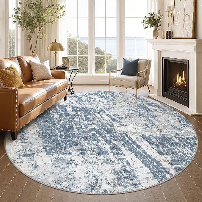 DMOYEST 8ft Round Washable Area Rug for Living Room: Modern Abstract Neutral Circle Carpet, 8x8 Soft Low Pile Non-Slip Floor Mat for Bedroom Under Dining Table, Kids & Pet - Blue