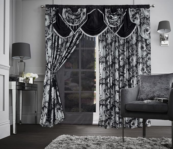 GLORY RUGS Jacquard Luxury Window 2 Panel Set Black Curtain with Attached Valance and Backing Bedroom Living Room Dining 2 Curtains 55x84 inches Each Jana