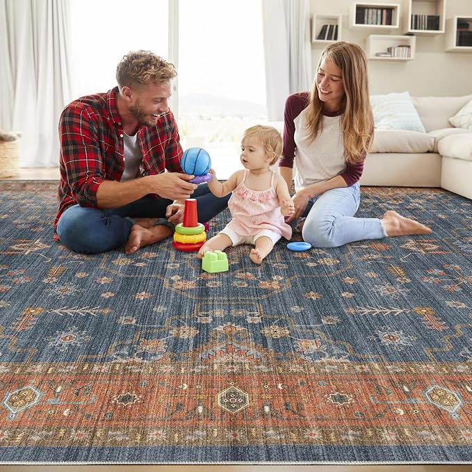 7x9 Area Rug for Living Room- Machine Washable Soft Oriental Vintage Large Indoor Floor Carpet for Bedroom Under Dining Table Home Office Decor - Blue Terracotta