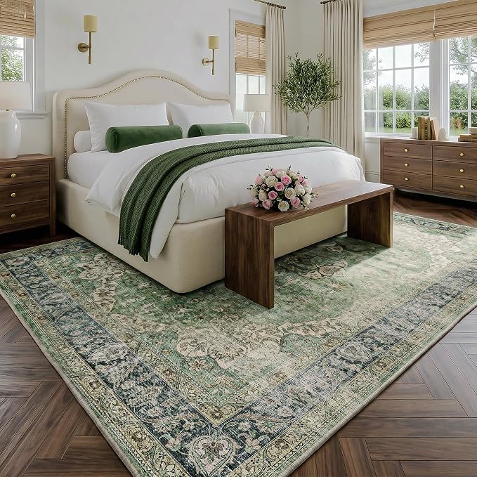 FMFUNCTEX 6x9 Green Washable Area Rug Vintage Distressed Oriental Non Slip Low Pile Neutral Indoor Carpet for Living Room Bedroom Soft Retro Floral Thin Large Rug for Dining Nursery Office Dorm