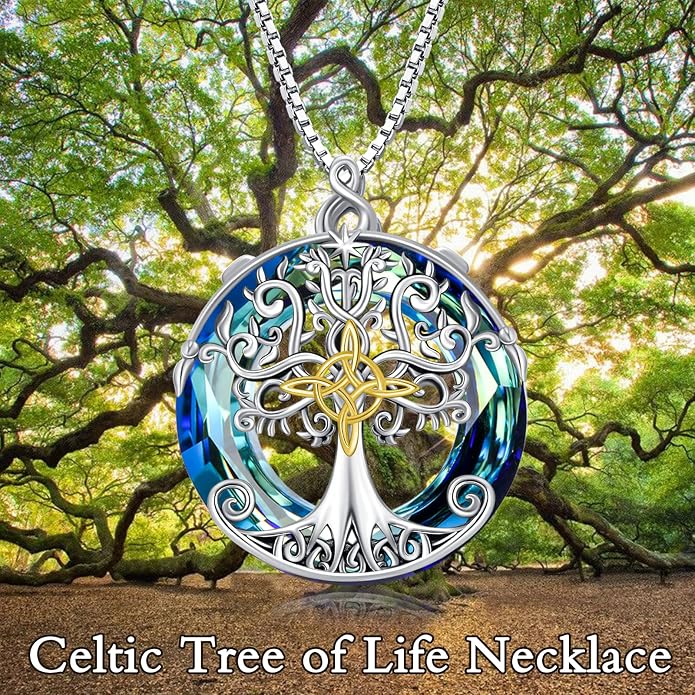 TOUPOP Tree of Life Necklace 925 Sterling Silver Celtic Knot Tree Pendant Jewelry with Blue Crystal Christmas Gifts for Women