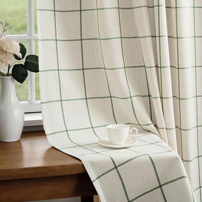 DriftAway 100% Blackout Plaid Linen Curtains W52xL84 Loden Green | 100% Blackout, Linen Texture, Plaid Pattern, Two Layers, Rod Pocket & Back Tab, Bedroom Living Room Use, Luxury Appearance