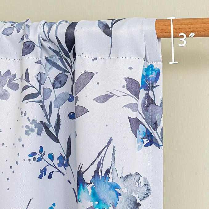 MYSKY HOME Floral Kitchen Tier Cafe Curtains 36 Inch Length 2 Panels Privacy Small Window Treatments Rod Pocket for Bathroom Basement, Blue, 30" Wide Each Panel