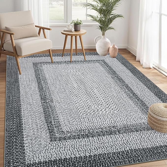 RUGSREAL Washable Rug 5x7 Boho Accent Rug Modern Geometric Floor Carpet Indoor Throw Floor Cover Braided Print Non Slip Farmhouse Area Rug Rustic Bohemian Carpet for Living Room Bedroom, Grey