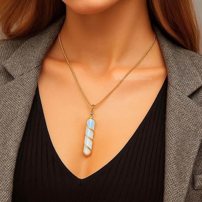 Amazing Gemstone Opalite Crystal Necklace Pendant For Women, Gold Wire Wrapped Dainty Minimalist Healing Crystal Necklaces For Men Unisex Necklace Jewelry Adjustable Chain & Leather Cord