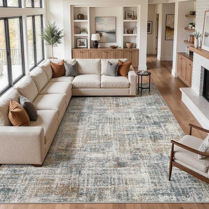 cotiled Washable 8x10 Area Rug for Living Room - Modern Abstract Carpet with Non-Slip Backing, Low Pile & Soft, Stain Resistant, Kid & Pet Friendly Decor for Bedroom & Dining Room - Blue Brown