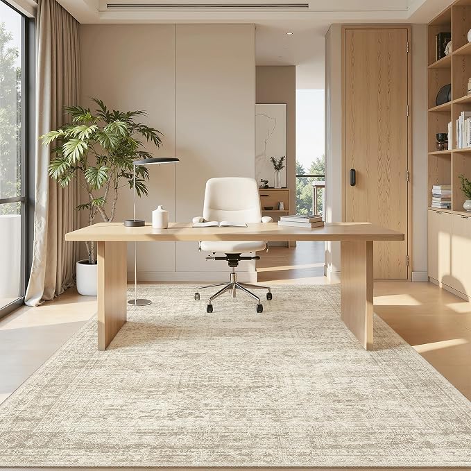 Soalmost 5x8 Area Rugs Beige Low Pile Indoor Washable Trendy Faded Style Rugs for Bedroom Living Room Dining Room Foldable Non-Slip Thin Print Home Office Mat