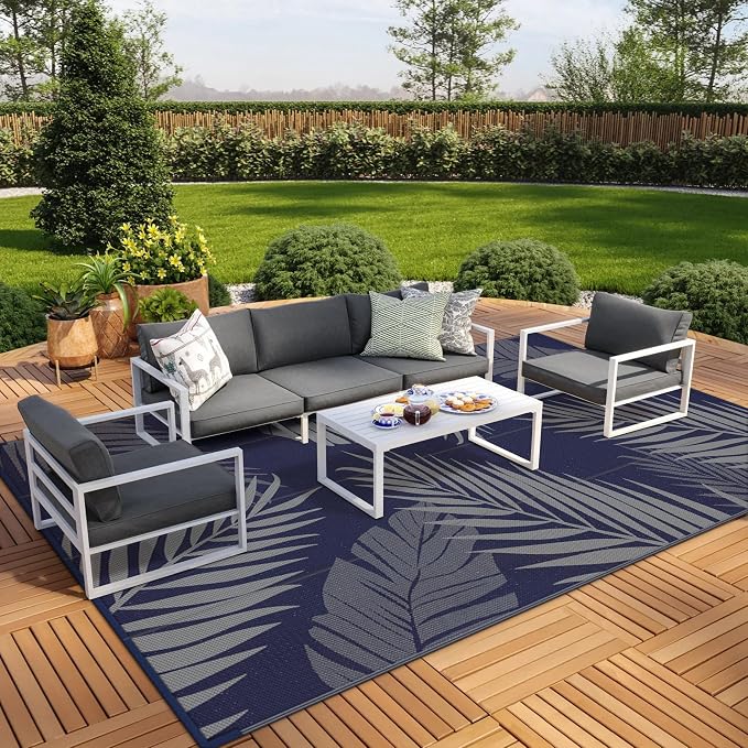 GENIMO Outdoor Rug, Waterproof Plastic Rugs 10'x14' for Camping Blue Grey | Outside Larger Leaf Carpet Mat for Porch Decor, Deck, Camping, RV, Backyard, Balcony, Picnic, Beach, Reversible, Foldable