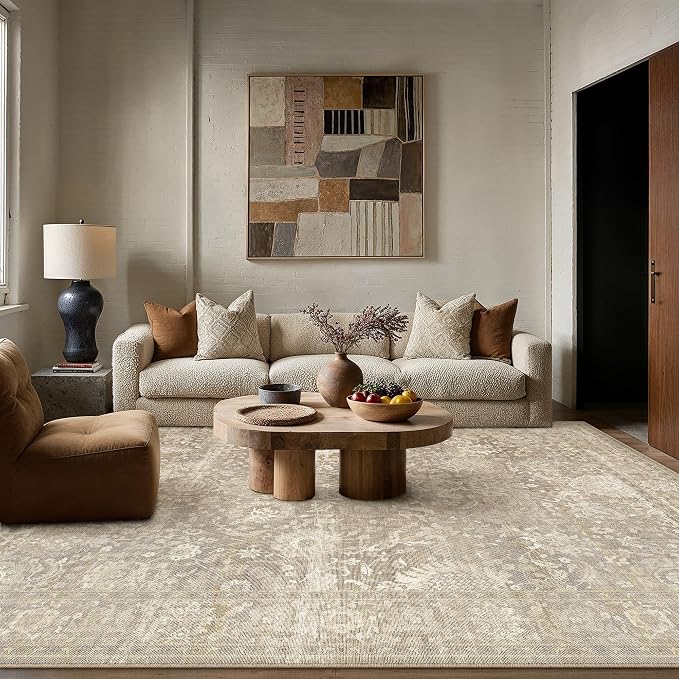 HUGEAR Area Rugs 9x12 Beige Washable Rug for Living Room Bedroom Large Neutral Vintage Rug Carpet Distressed Soft Durable Non Slip No Shedding for Indoor Dining Nursery Farmhouse