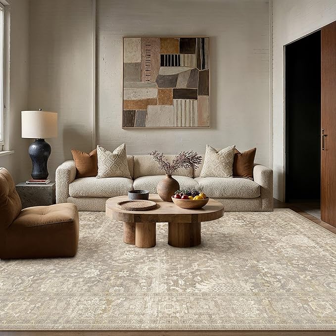 HUGEAR Area Rugs 8x10 Beige Washable Rug for Living Room Bedroom Large Neutral Vintage Rug Carpet Distressed Soft Durable Non Slip No Shedding for Indoor Dining Nursery Farmhouse