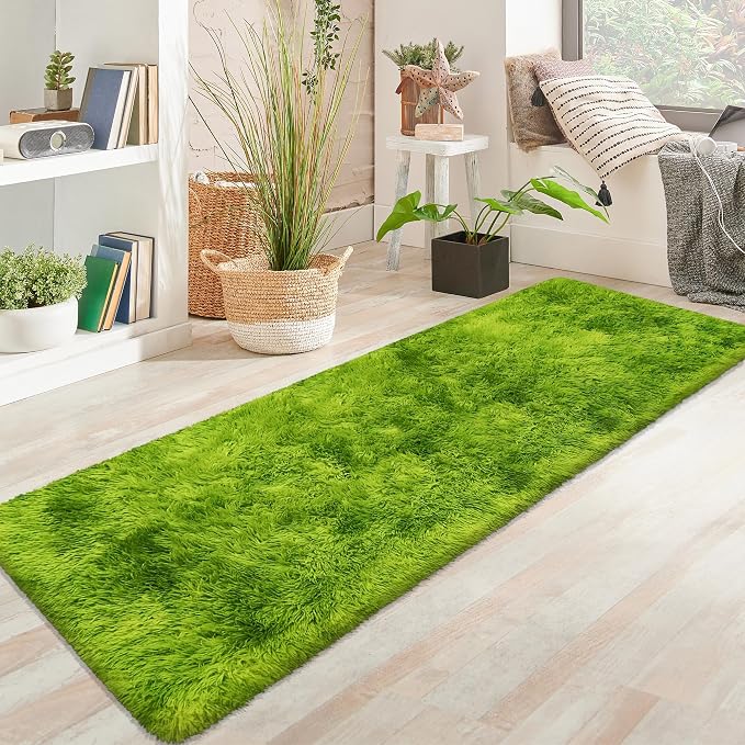 Grass Green Tie-Dyed Rug 2x6 ft Plush High Pile Shag Carpet Fluffy Soft Runner Bedside Rug for Bedroom Living Room Hallway Nursery Kids Home Decor
