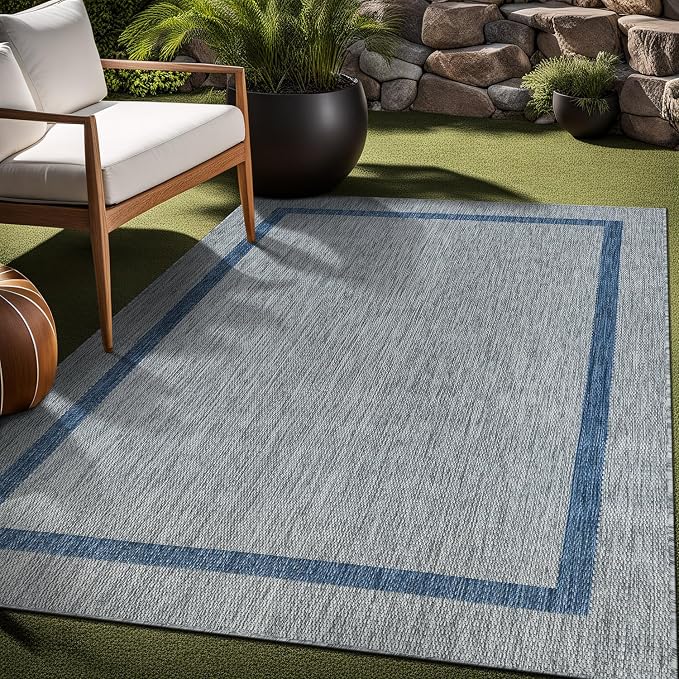 Luul Home Bordered Outdoor Rug 5x7 Washable Outside Carpet for Indoor Patio Porch Waterproof Easy Cleaning Non Shedding Area Rugs Silver Gray - Blue 5 x 7