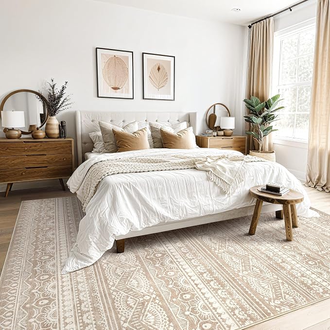 Tortania Area Rug Living Room Rugs - 10x14 Washable Large Soft Neutral Boho Moroccan Bohemian Farmhouse Rug Indoor Floor Carpet for Bedroom Under Dining Table Home Office Decor - Light Brown