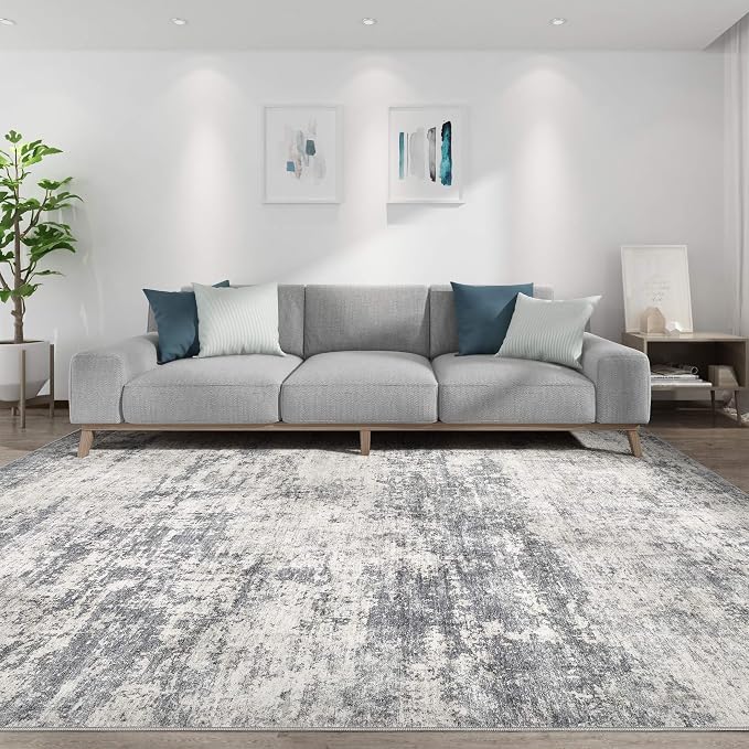 Abstract 6x9 Area Rug: Machine Washable Non Slip Ultra Thin Low-Pile Carpet, Soft Stain Resistant for Living Room Bedroom Nursery, Kid Pet Friendly, Robot Vacuum Compatible - Beige Dark Grey