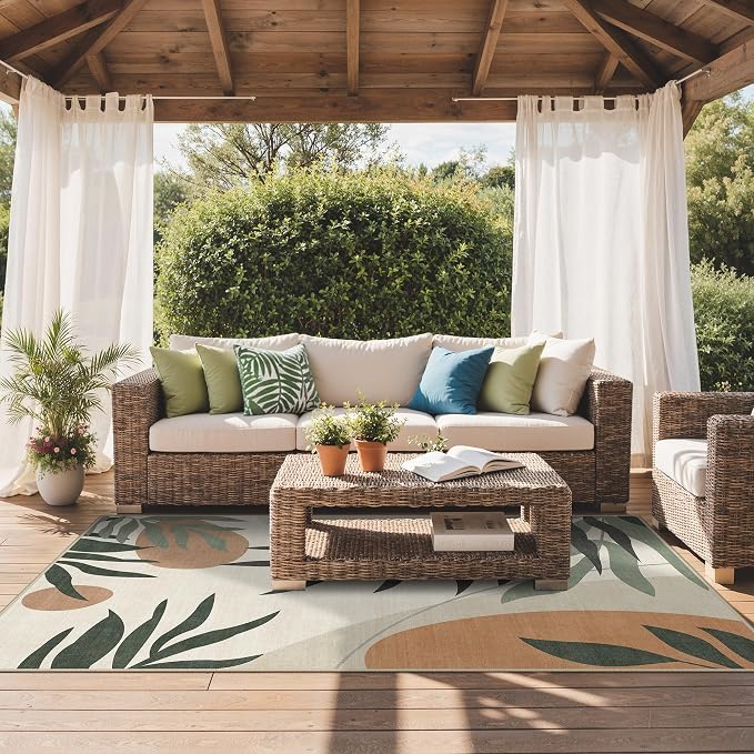 GENIMO 5x8 Outdoor Rug, Washable for Patio and Deck, Beige Olive | Botanical leaf design for porch; fade resistant chenille with quick-dry non-slip backing for indoor sunroom.