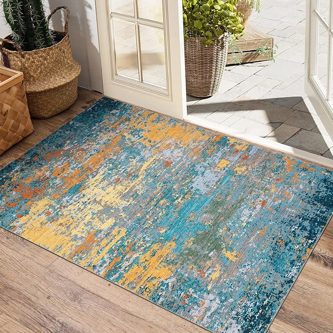 ROYHOME Modern Abstract 2x3 Area Rug Non Slip Non Shedding Low Pile Stain Resistant Rug for Entryway Kitchen Bedroom,Multi Color
