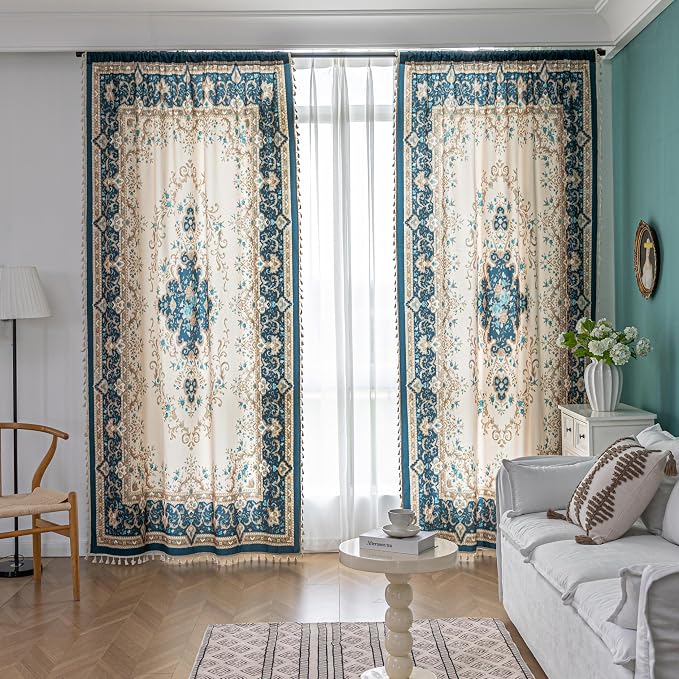 Teal Medallion Curtains 63 Inches Long, Boho Farmhouse Light Filtering Rod Pocket Drapes with Tassel Trim for Bedroom Living Room, 2 Panels