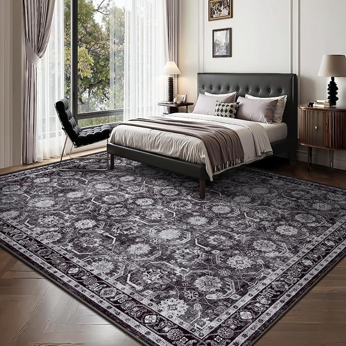 8x10 Area Rugs, Soft Non Slip Low Pile Washable Rug, Boho Modern Rug for Living Room, Bedroom, Dining Room, Black