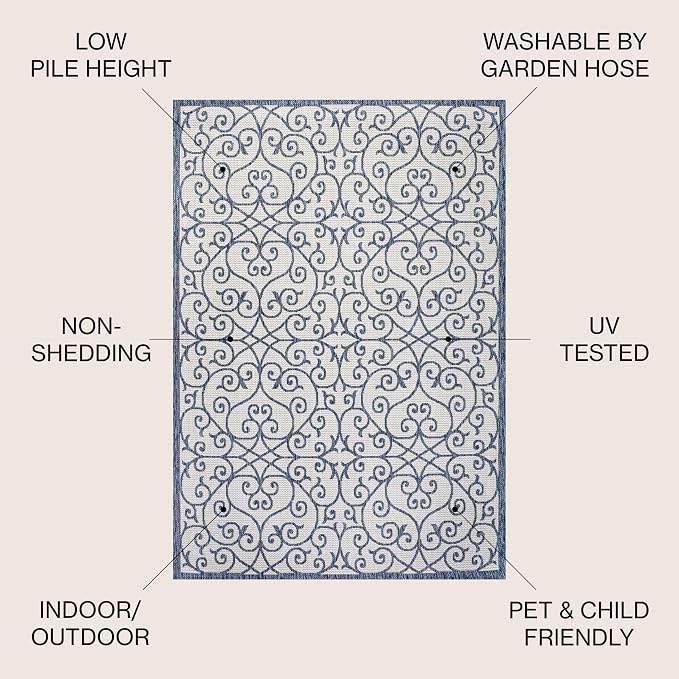 JONATHAN Y Vintage Filigree Indoor Outdoor Area Rug 4X6 Blue/Cream, Madrid Textured Weave for Backyard, Patio, Porch, Easy-Cleaning, High Traffic, Pet-Friendly, Non-Shedding (SMB107F-4)
