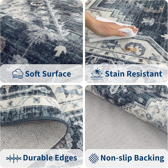 Garvee Navy Blue 2x6 Kitchen Runner Rug Washable Non Slip Boho Vintage Long Rug for Hallway Bathroom Entryway Laundry Room Mat TPE Backing
