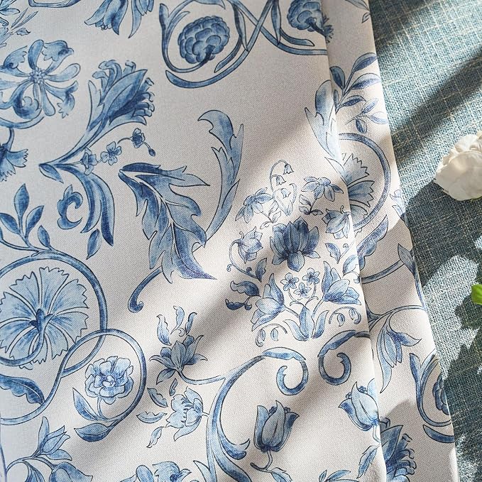 jinchan Blue Floral Blackout Curtains 84 Inch Farmhouse Back Tab 2 Panels | Blue on beige, room darkening, traditional vintage drapes, bedroom, living room, botanical, flower print, window treatment