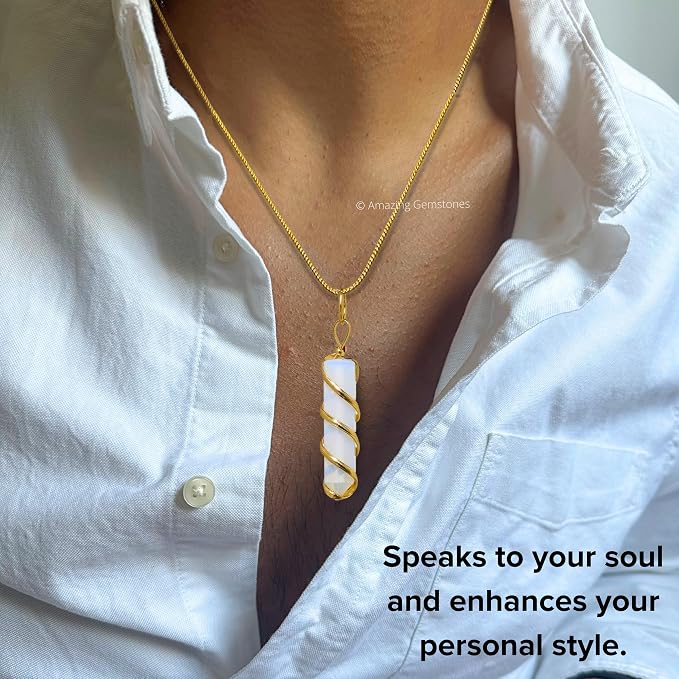 Amazing Gemstone Opalite Crystal Necklace Pendant For Women, Gold Wire Wrapped Dainty Minimalist Healing Crystal Necklaces For Men Unisex Necklace Jewelry Adjustable Chain & Leather Cord