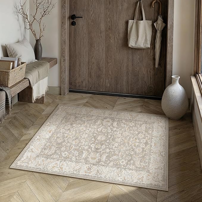 2x3 Taupe Washable Area Rug Non Slip Retro Distressed Doormat | Soft Low Pile, Lightweight Foldable, Pet Friendly, Entryway, Entrance, Kitchen, Bathroom, Laundry Room