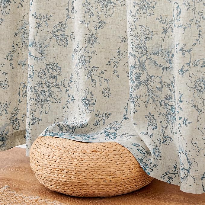 jinchan Blue Floral Linen Curtains Lined 96 Inch Vintage Back Tab 2 Panels | Privacy lining, light filtering drapes, vintage, cottagecore, french country, rustic, bedroom, living room, window treatment