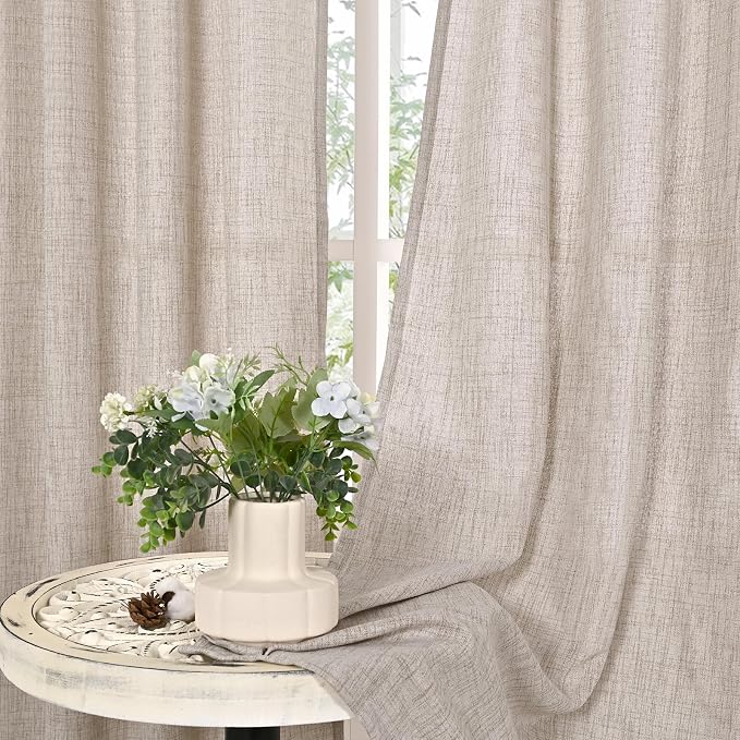 YoungsTex Linen Semi Sheer Curtains 63 Inch Length, Light Filtering Drapes | Bronze Grommet Beige Window Treatments for Office Bedroom Living Room, 2 Panels, 52 X 63 Inch