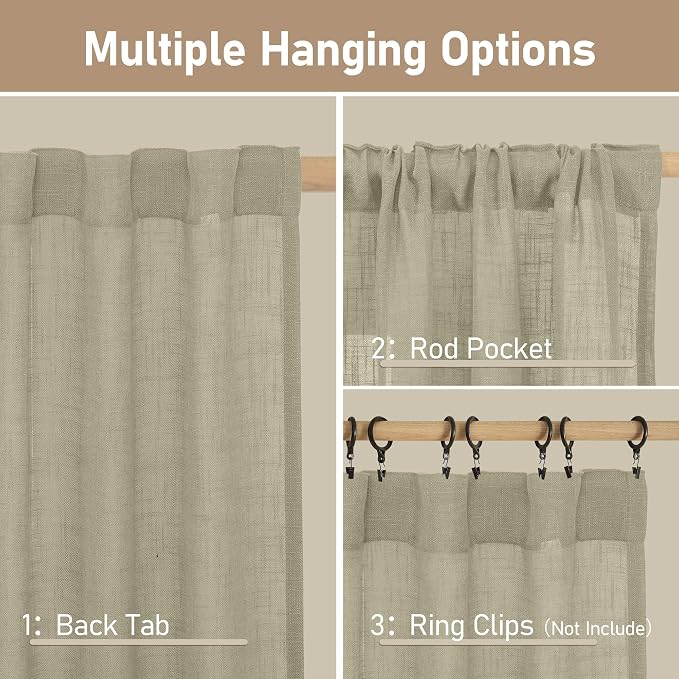 LAMIT 36 Inch Length Linen Curtains for Small Windows, Semi Sheer Light Filtering Panels Back Tab and Rod Pocket Country Decor Drapes for Basement/Kitchen, Oatmeal, 2 Panels, 34 x 36 Inch