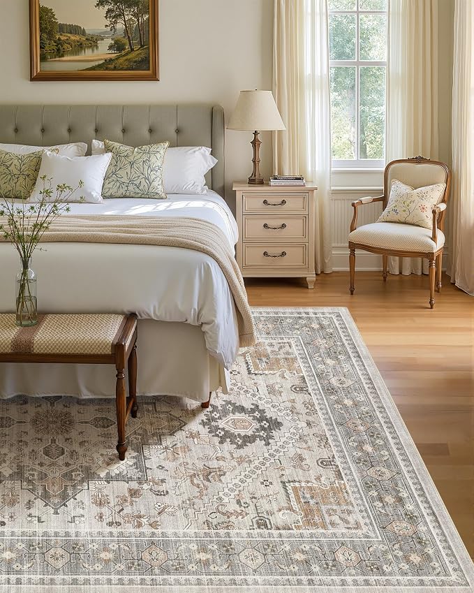 6x9 Vintage Area Rug: Washable Neutral Soft Non Slip Thin Large Floor Carpet for Living Room Bedroom Kitchen Dining Room Home Office Farmhouse Indoor - Taupe