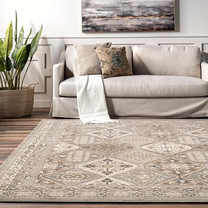 Nuloom Becca Taupe/Ivory, 8' Round, Traditional Tiled, Soft and Cozy, High Traffic, Stain Resistant, Easy Clean, Durable Area Rug for Bedroom, Living Room, Dining Space, Den, Foyer, Entryway