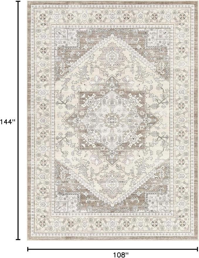 9x12 Vintage Area Rug: Washable Neutral Soft Non Slip Thin Large Floor Carpet for Living Room Bedroom Kitchen Dining Room Home Office Farmhouse Indoor - Brown