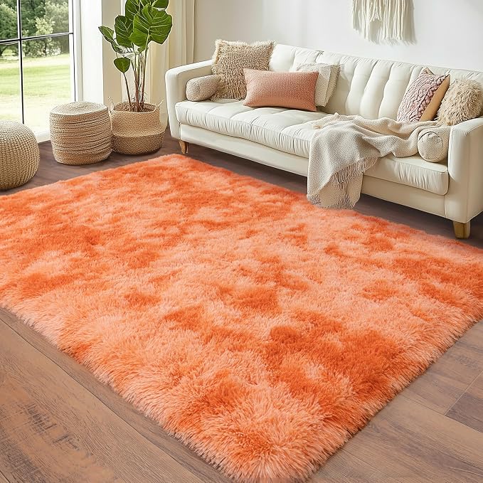 8x10 Large Area Rugs for Living Room, Tie-Dyed Orange Fluffy Rug | Soft Fluffy Shag Rug, Big Fuzzy Carpet for Bedroom Nursery Kids Girls Boys Room Dorm Home Decor Aesthetic, Upgrade Non Slip