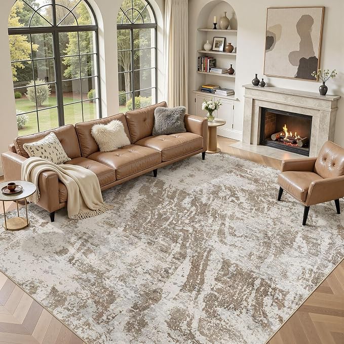 DMOYEST 8x10 Washable Area Rug: Abstract Modern Non-Slip Carpet, Soft Low Pile Indoor Neutral Easy Clean Floor Rugs for Living Room Bedroom Dining Room Kids & Pets - Brown