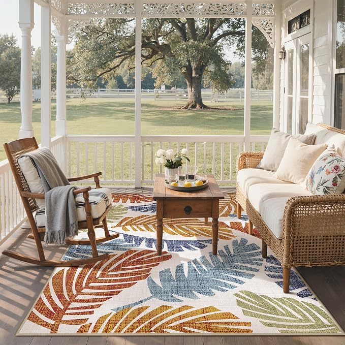GENIMO 8x10 Outdoor Rug, Washable Quick Dry for Patio, Leaf Rust Navy | Botanical leaf design for backyard; fade resistant chenille with quick-dry non-slip backing for indoor living rooms.